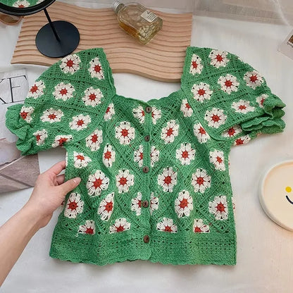 Embroidered Crop Blouse With Hollow Out Daisy Floral Design Women S Summer Vacation Top