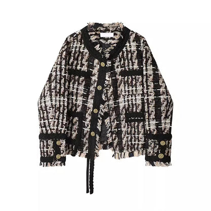 2025 Trendy Designer Yellow Black Striped Tassel Fringed Tweed Jacket For Women