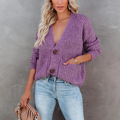 New Autumn Women's Knitted Top Cardigan Sweater Jacket, Casual Solid Color Button Style, Casual Clothing