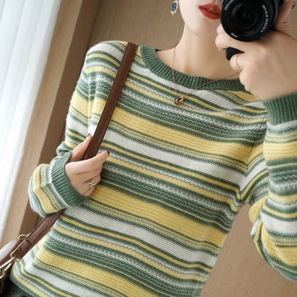 2024 Autumn Winter Womens Striped O Neck Sweater O Neck Long Sleeves Oversized Fit