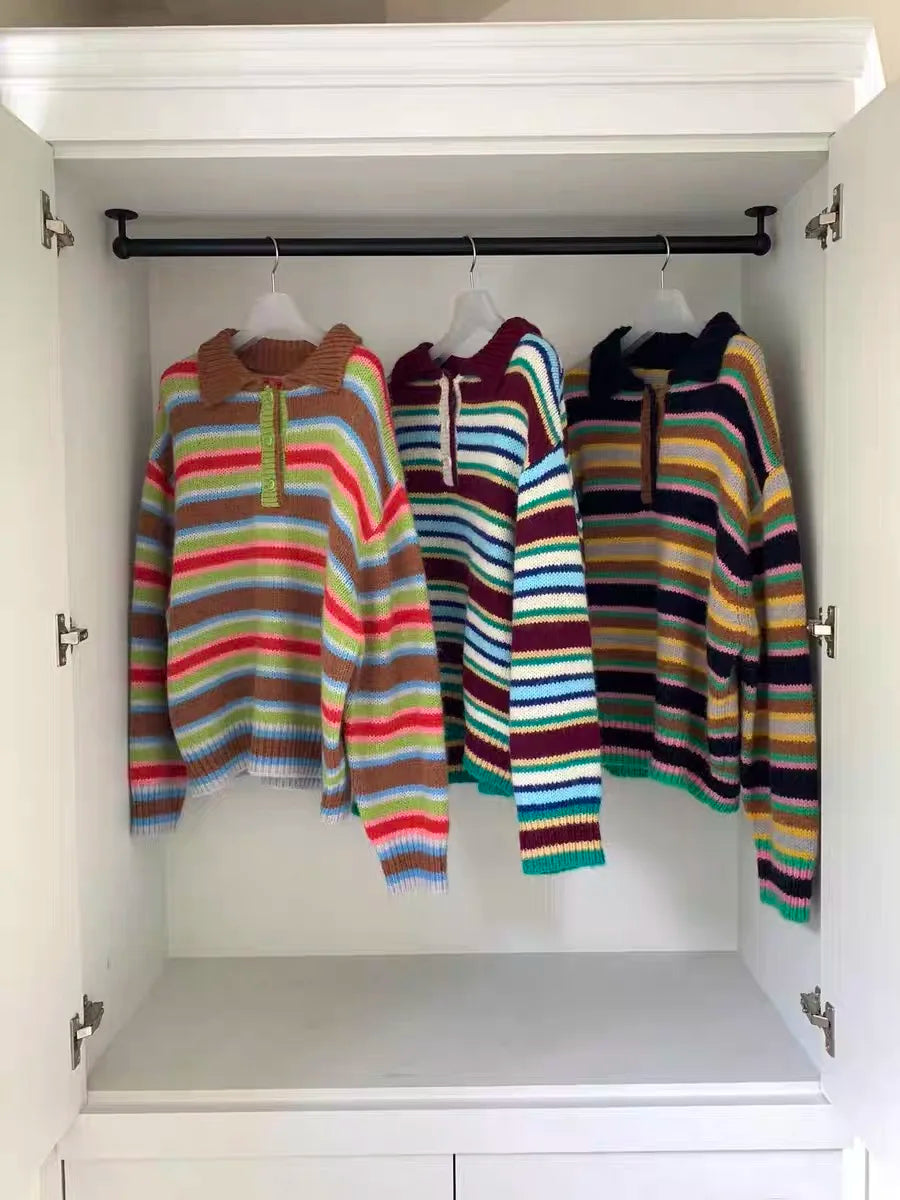 Vintage Cool Design Contrast Stripe Lace Up V Neck Sweater