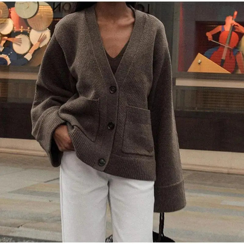 2025 Winter Women S Solid Color Cardigan Knitted Loose Fit Xxl Sweater Coat With Pockets Black
