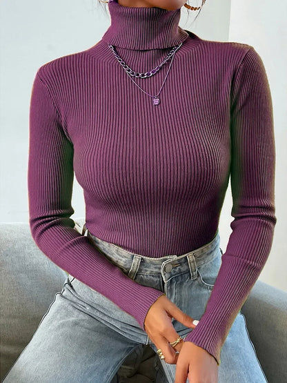 2025 Autumn Winter Women S Thick Ribbed Knitted Turtleneck Sweater Slim Fit Long Sleeve Pullover Soft Warm