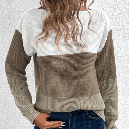 Womens Colorful Patchwork Crop Sweater Autumn Casual Knitted Pullover Bare Midriff Coarse Yarn Top