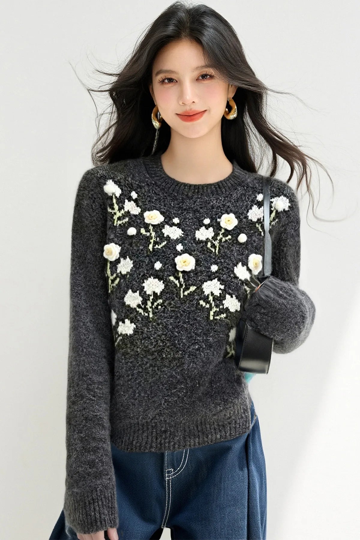 Womens Korean Style Daisy Flower Printed Knitted Winter Sweater