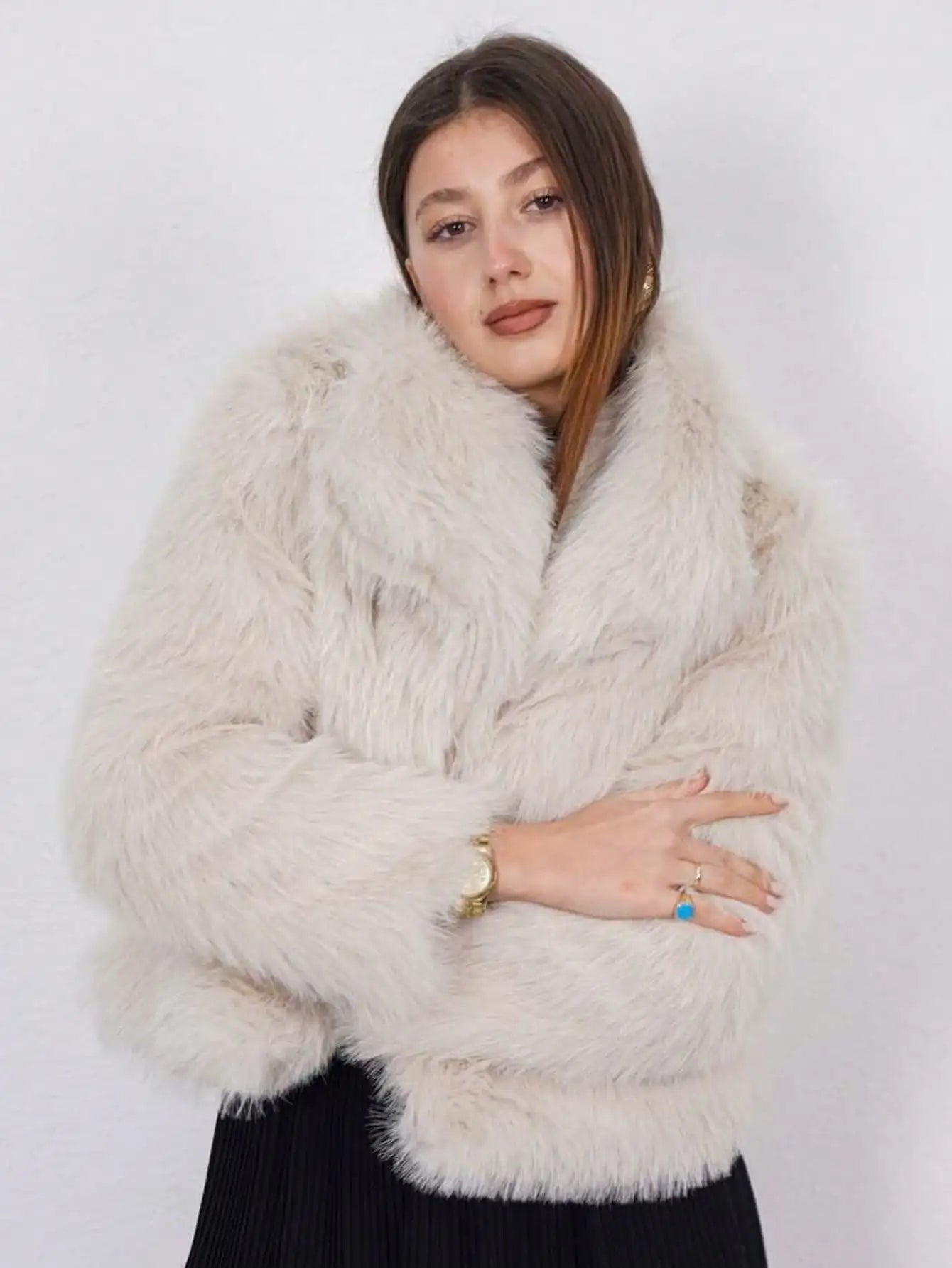 Elegant Womens Faux Fur Jacket Turn Down Collar Loose Fit Casual Long Sleeve Winter Coat For Warmth