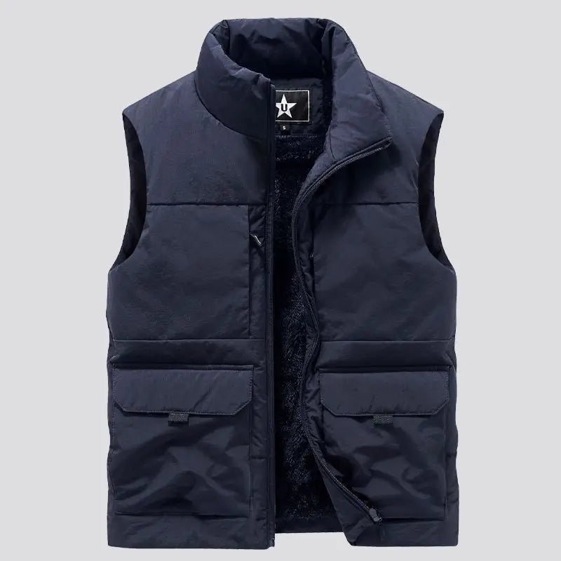 Mens Military Fleece Vest Multi Pocket Sleeveless Jacket For Winter Warmth In Black