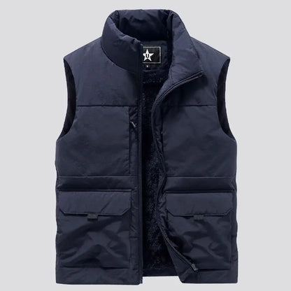 Mens Military Fleece Vest Multi Pocket Sleeveless Jacket For Winter Warmth In Black