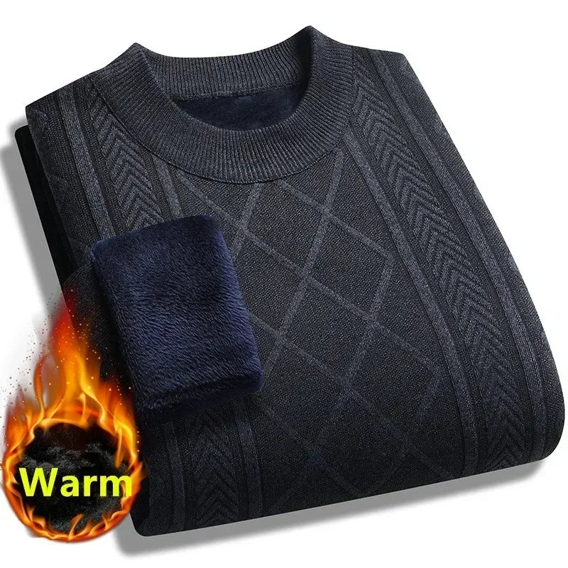 2025 Mens Casual Warm Sweater Solid Plush Knitted Pullover Autumn Winter Thickened Versatile Top