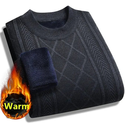 2025 Mens Casual Warm Sweater Solid Plush Knitted Pullover Autumn Winter Thickened Versatile Top