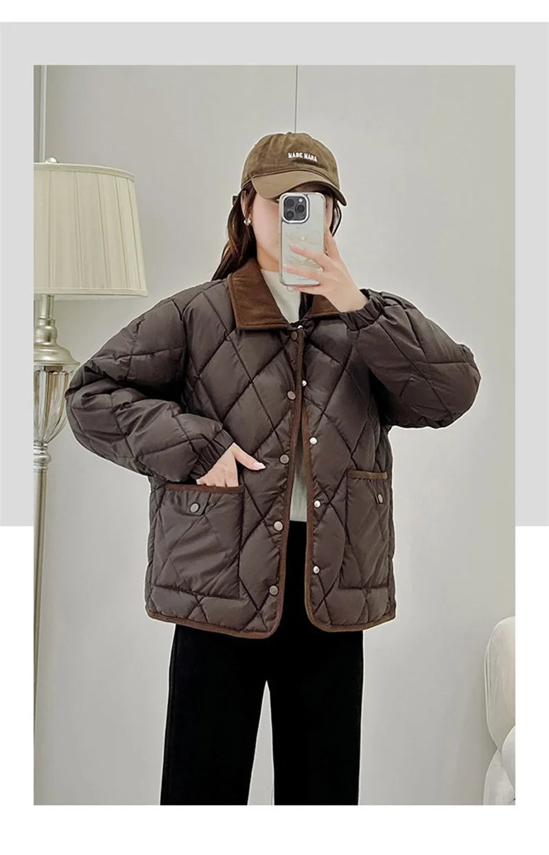 Quilted PU Leather Short Coat – Warm Rhombic Lattice Winter Jacket for Women