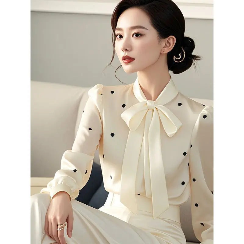 2024 V Neck Polka Dot Blouse Casual Office Wear For Women