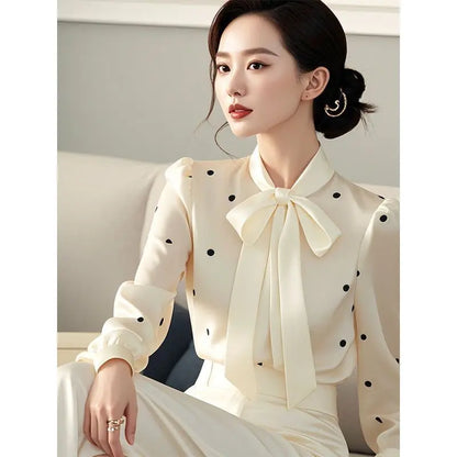 2024 V Neck Polka Dot Blouse Casual Office Wear For Women