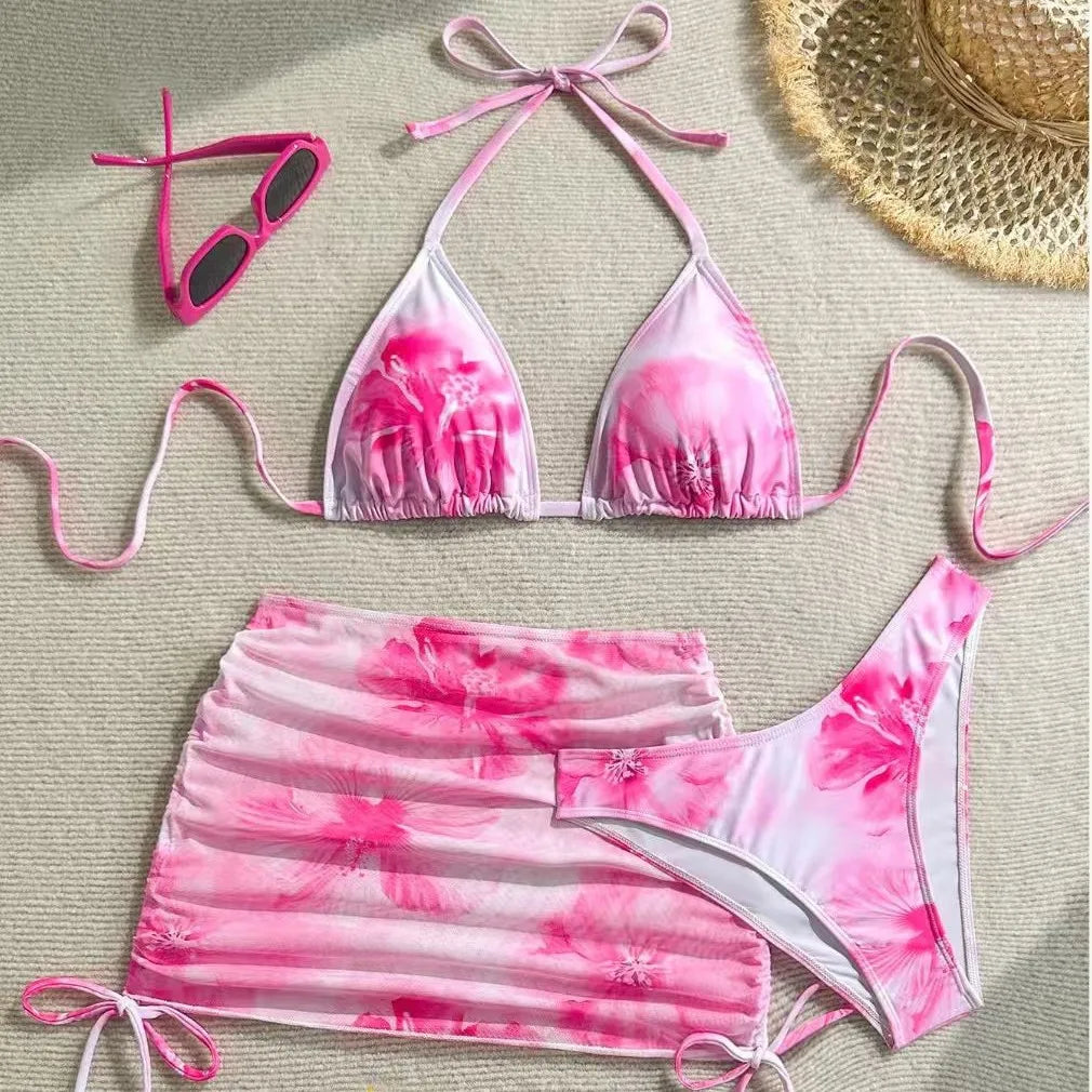 Hibiscus Print Orange and White Bikini with Mesh Skirt Aesthetic