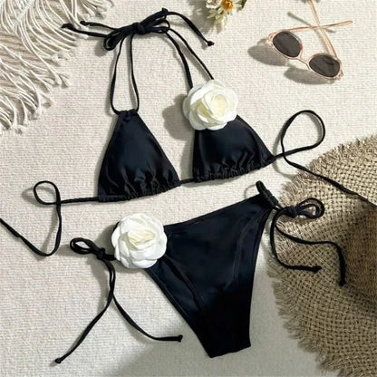Sophisticated Black Bikini with White 3D Rose Details Aesthetic