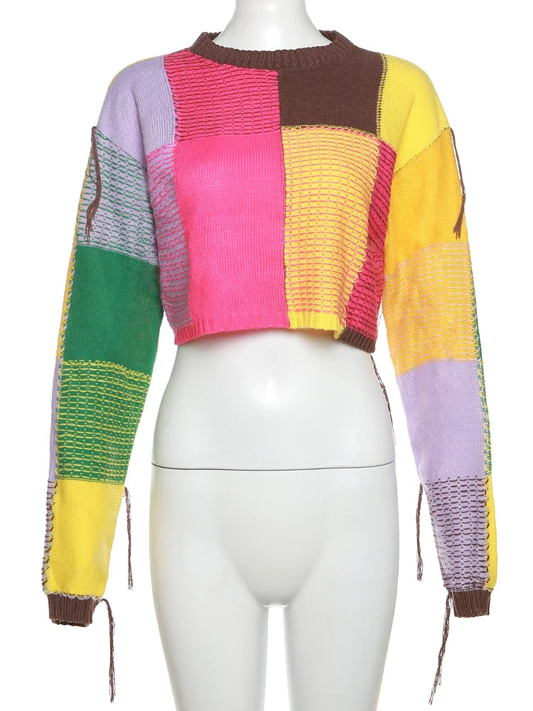 Multi-Color Cropped O-Neck Sweater: Streetwear Casual Style for Autumn/Winter