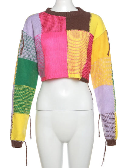 Women's Colorful Patchwork Crop Sweater – Autumn Casual Knitted Pullover, Bare Midriff Coarse Yarn Top