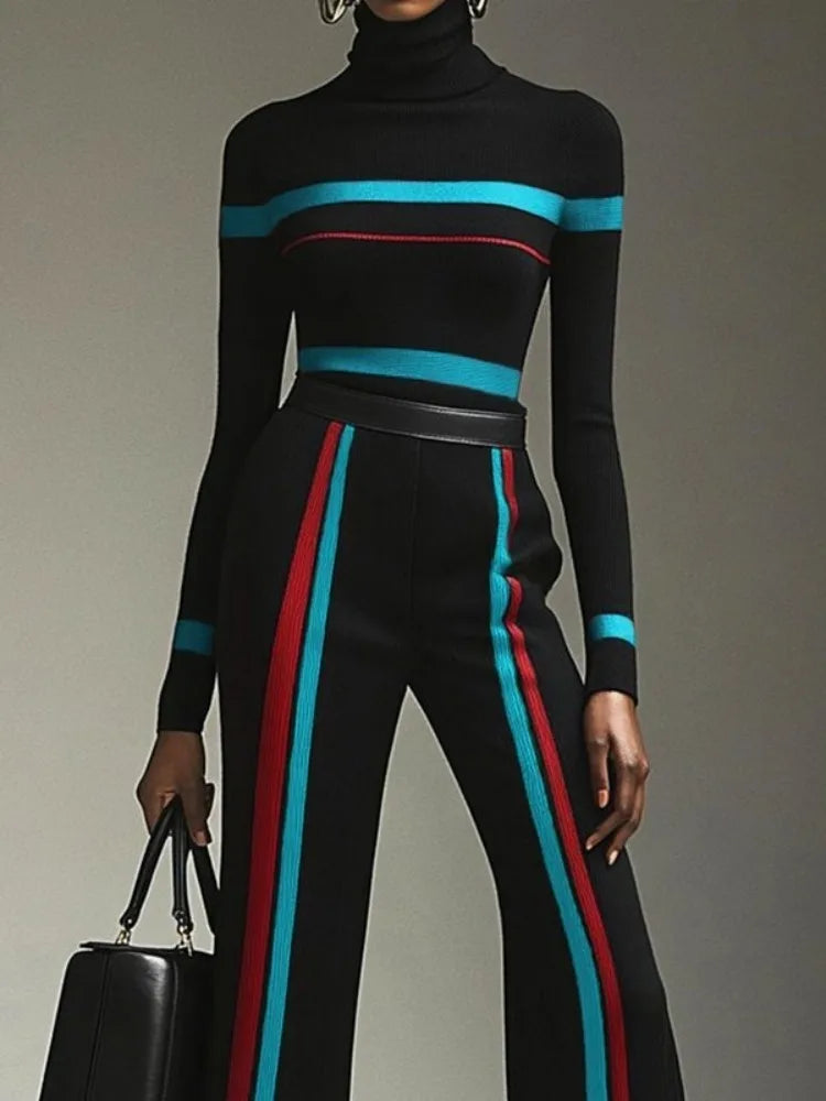 Women Turtleneck Stretch Striped Sweaters