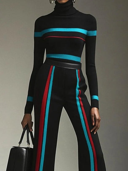 Women Turtleneck Stretch Striped Sweaters