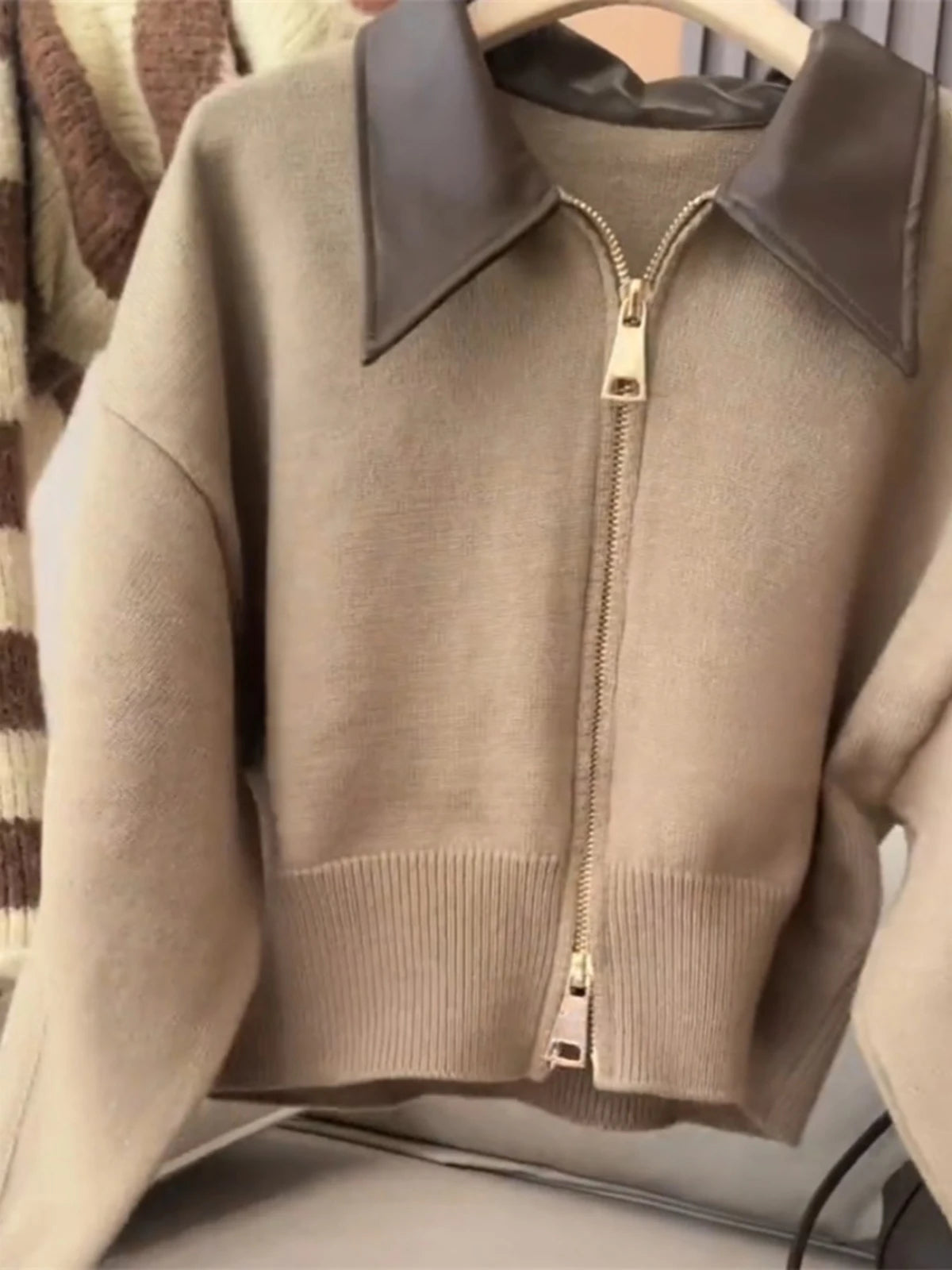 Spliced Leather Collar Knit Sweater Fashion Double Zipper Cardigan For Women Autumn Winter New Soft Vintage Long Sleeve Streetwear