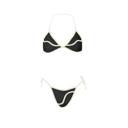 Cream and Black Contrast Trim Bikini with Matching Skirt and Tote Bag Aesthetic