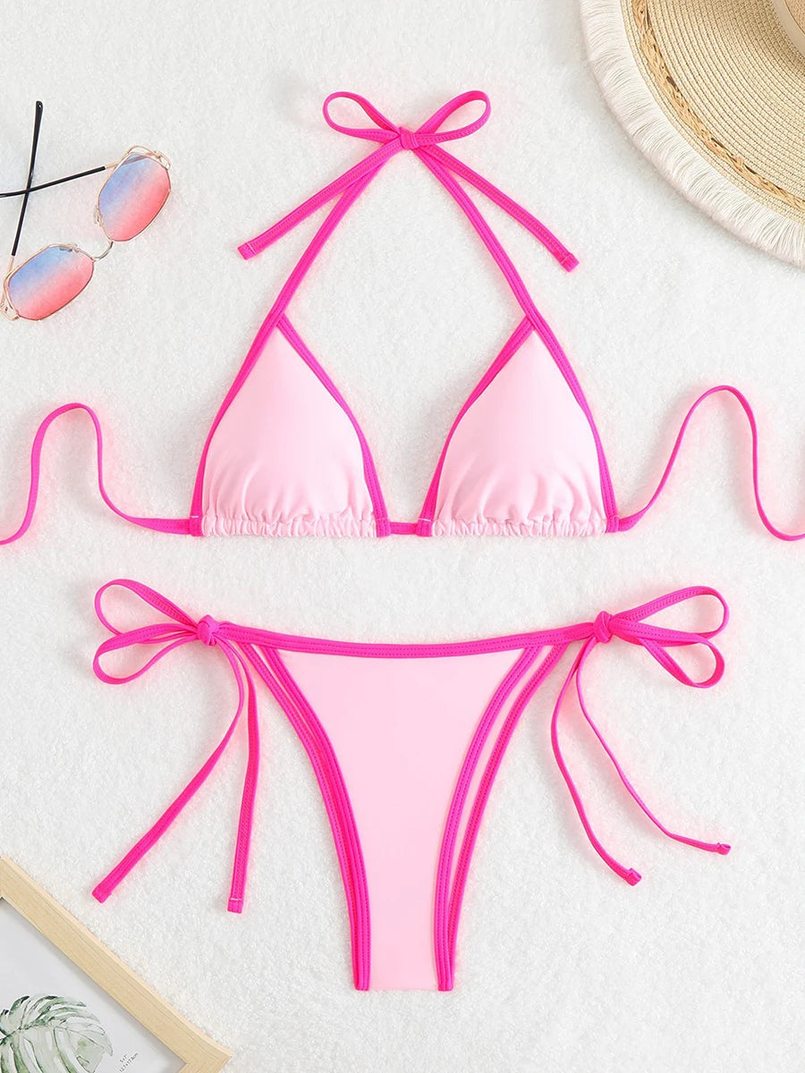 Sexy Patchwork Bikini Set For Women Bandeau Swimsuit 2025 Micro Thongs Beachwear