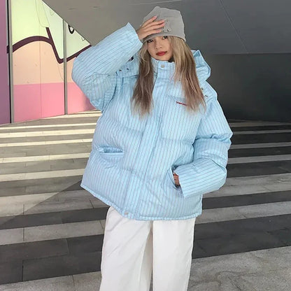 Striped Hooded Quilted Winter Coat for Women – Warm Cotton Padded Parka 2026