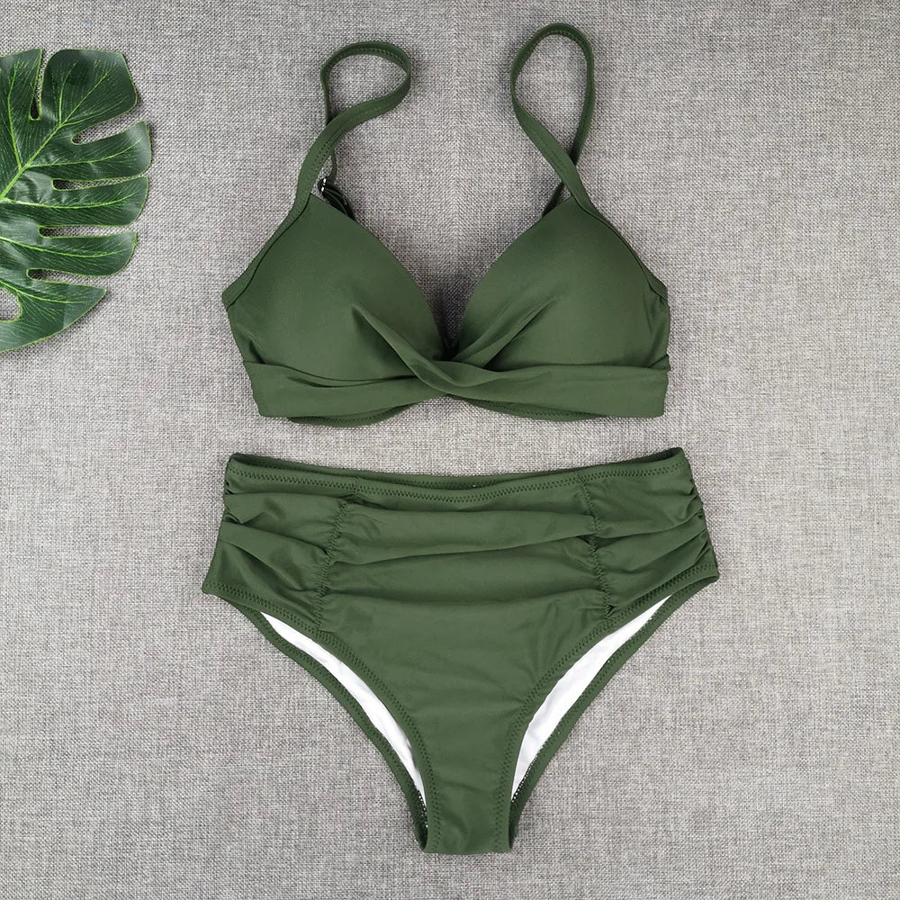 Spaghetti Strap High Waist Bikini Set For Women Padded Pleated Swimsuit Solid Color