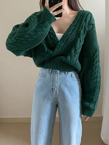 Women Deep V Neck Knitted Cardigan Sweater