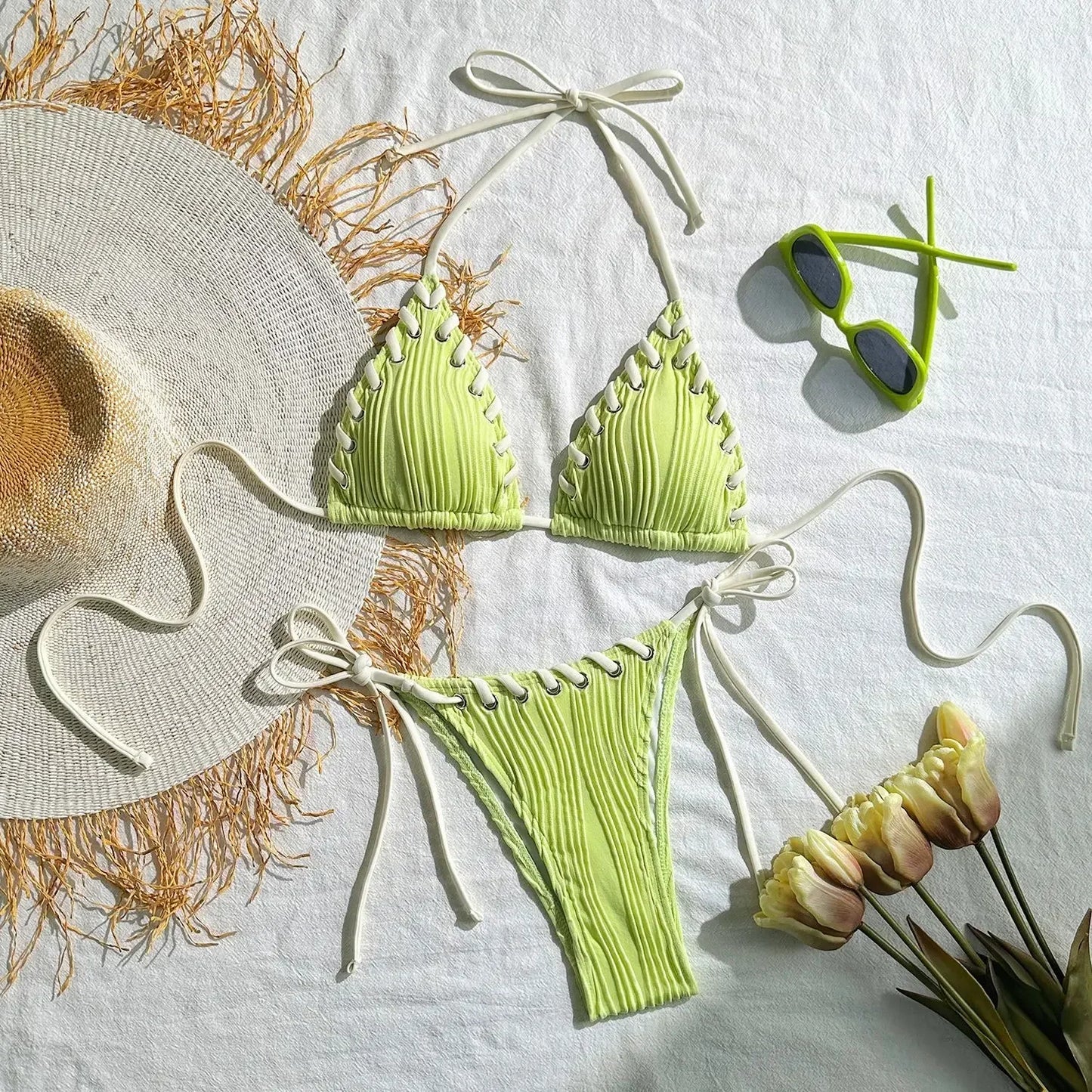 Wrinkled Weave Edge Two Piece Halter Bikini