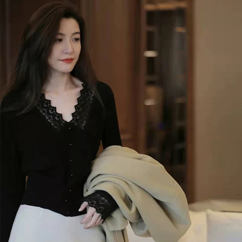 Lace V Neck Knitted Long Sleeve Sweaters For Women