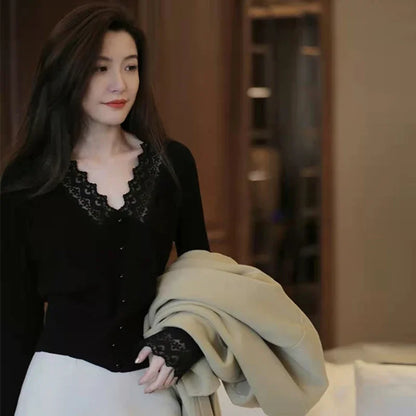 Lace V Neck Knitted Long Sleeve Sweaters For Women
