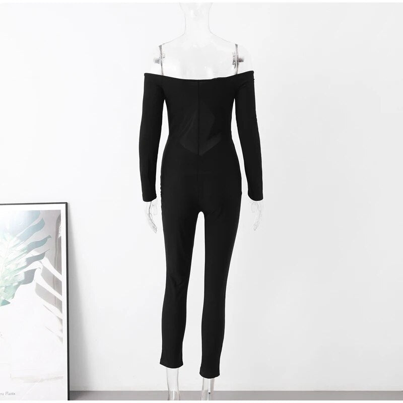 Off-Shoulder Skinny Jumpsuit: Sexy Hollow-Fold Design Long Sleeve