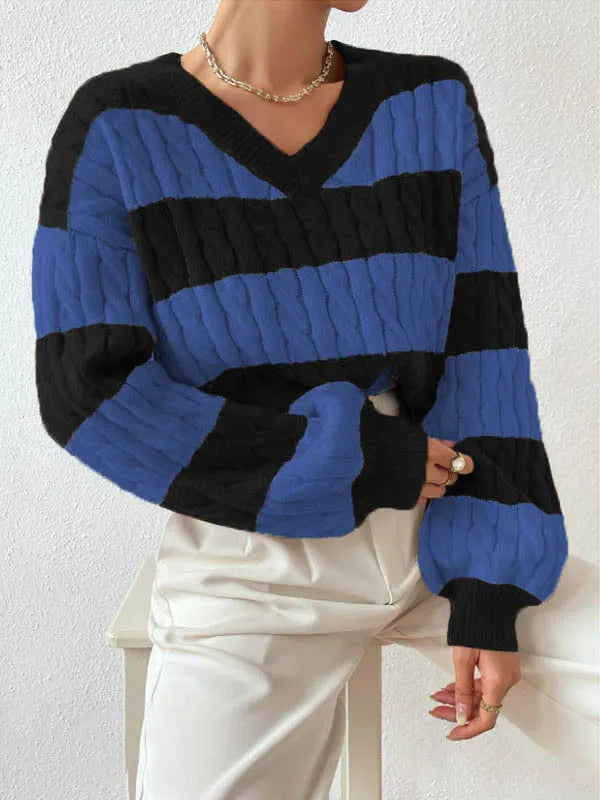 2025 Womens Stripe Knitted Sweater Long Sleeve V Neck Cropped Top Loose Fit Spring Versatile Warm Knit