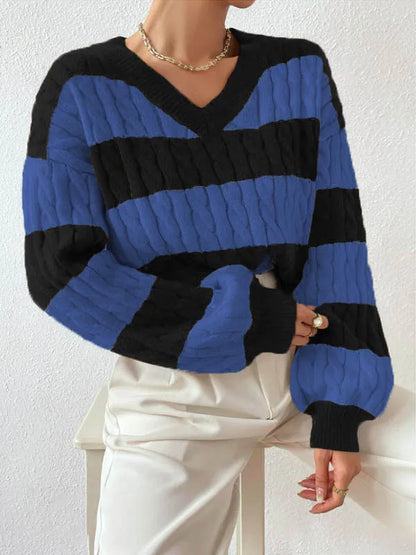 2025 Womens Stripe Knitted Sweater Long Sleeve V Neck Cropped Top Loose Fit Spring Versatile Warm Knit