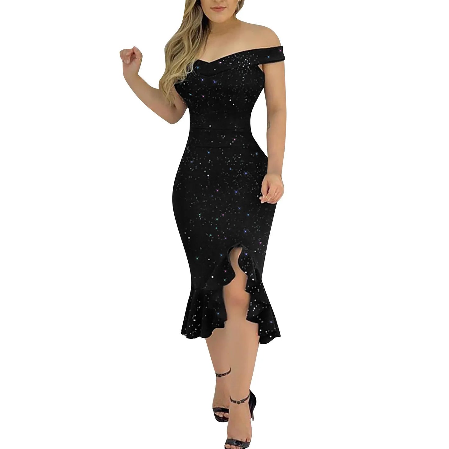 Midnight Sparkle: The Perfect Off-Shoulder Cocktail Dress