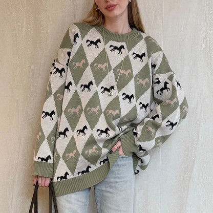 Colorful Patchwork O Neck Long Sleeve Women Sweater