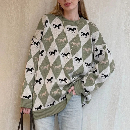 Colorful Patchwork O Neck Long Sleeve Women Sweater