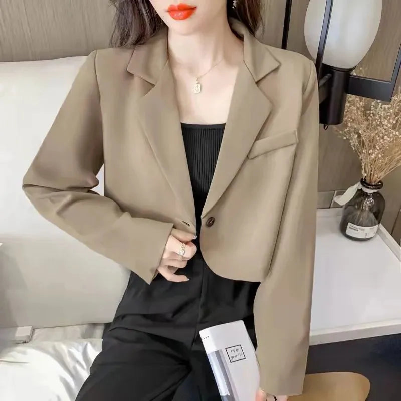 Elegant Office Style Button Up Cropped Blazers For Women