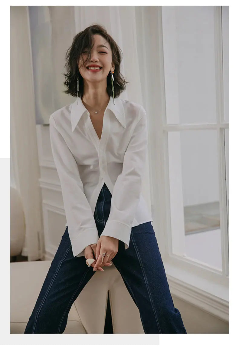 2024 Spring Office Lady White Shirt Korean Style Slim Button Up Work   S26886e075f1a458382daa571660cb917a.webp