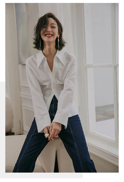 Spring Office Lady White Shirt: Korean Style Slim Button-Up Work Blouse for Women