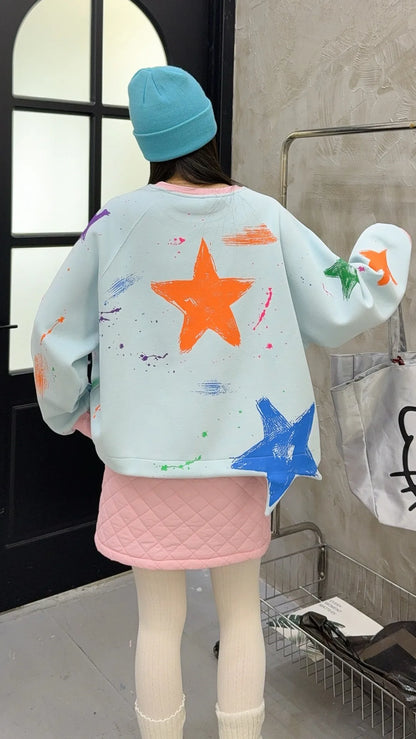 2025 Mens Fleece Sweater Long Sleeve Warm Loose Fit Pullover Multi Color Printed Korean Fashion