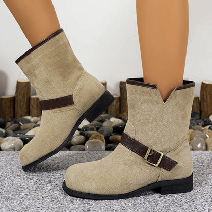 Designer British Style Square Low Heel Faux Suede Boots For Women