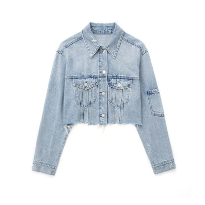 High Street Style Woman Casual Blue Cropped Denim Jacket