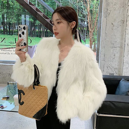 Elegant Women Collarless Thick Faux Fur Coats