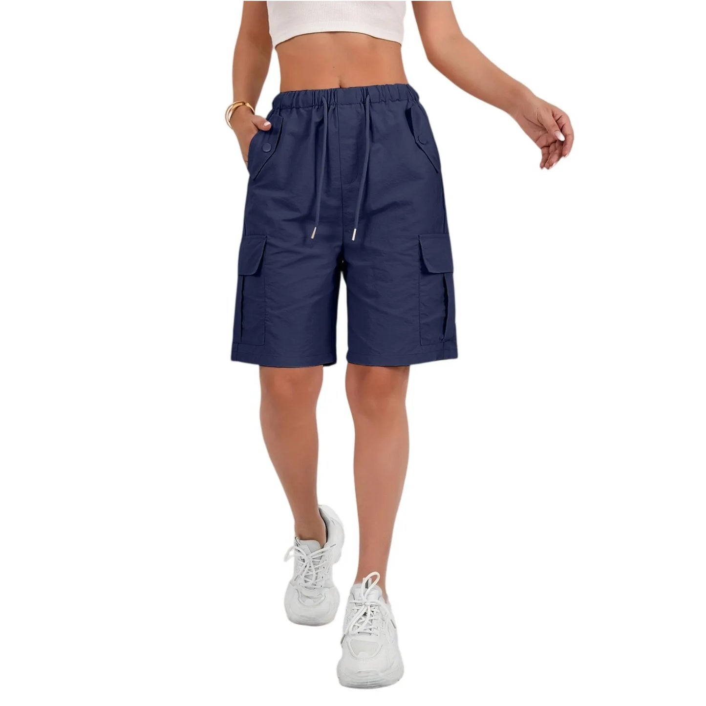 Elastic Waist Flap Pocket Cargo Shorts For Women