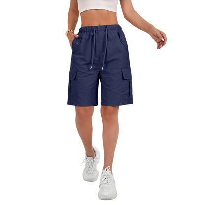 Elastic Waist Flap Pocket Cargo Shorts For Women