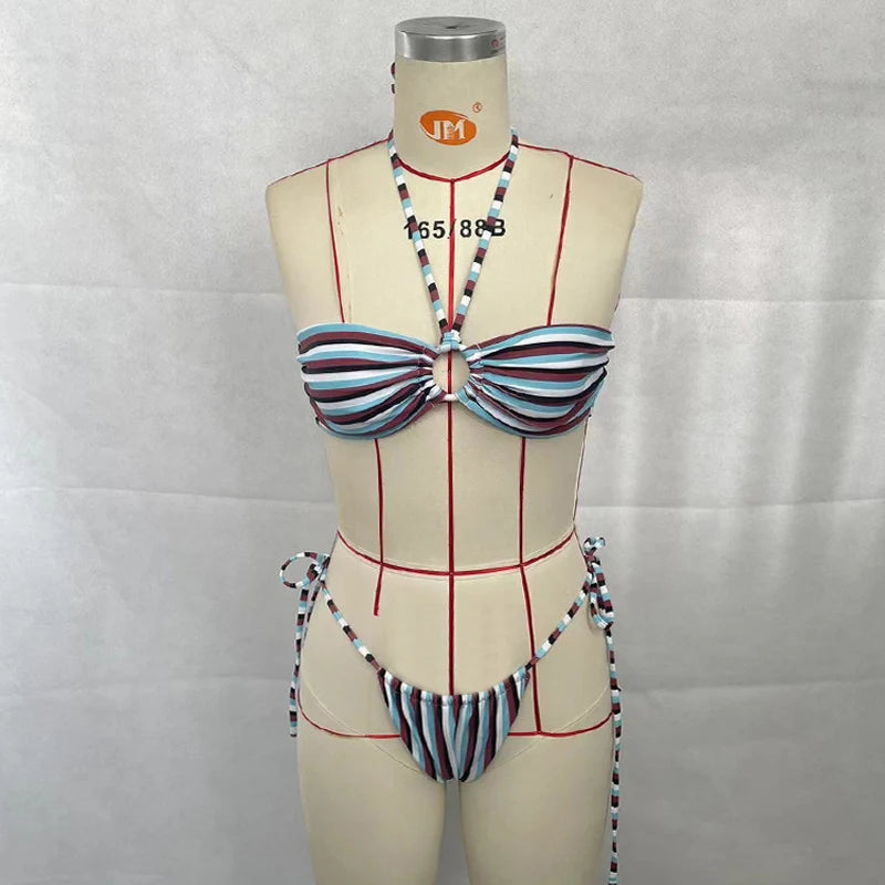 New Trendy Multi Color Striped Printed Halter Lace Up Bikini