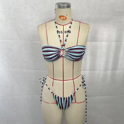 New Trendy Multi Color Striped Printed Halter Lace Up Bikini