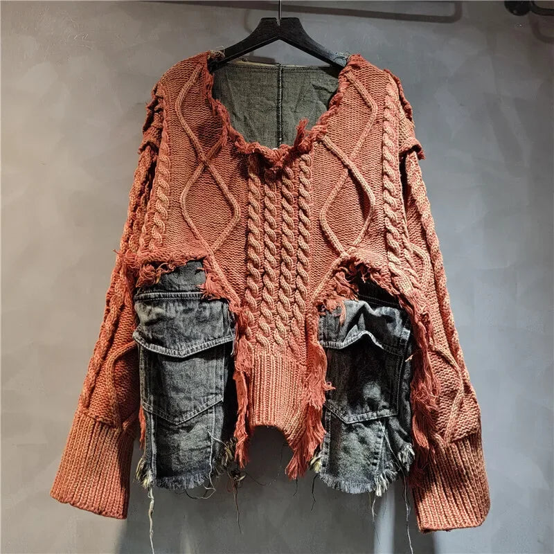 Womens Knitted Denim Patchwork Pullover Loose Casual Heart Sweater Vintage Streetwear Cozy Spring Autumn Fashion